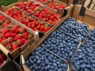 Продаж свіжої полуниці та лохини.