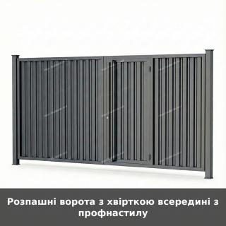 Розпашні ворота з хвірткою всередині з профнастилу